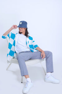 Checkered Knitted Crochet Polo Shirt in Blue