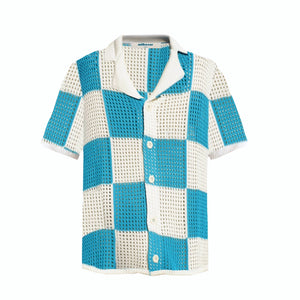 Checkered Knitted Crochet Polo Shirt in Blue