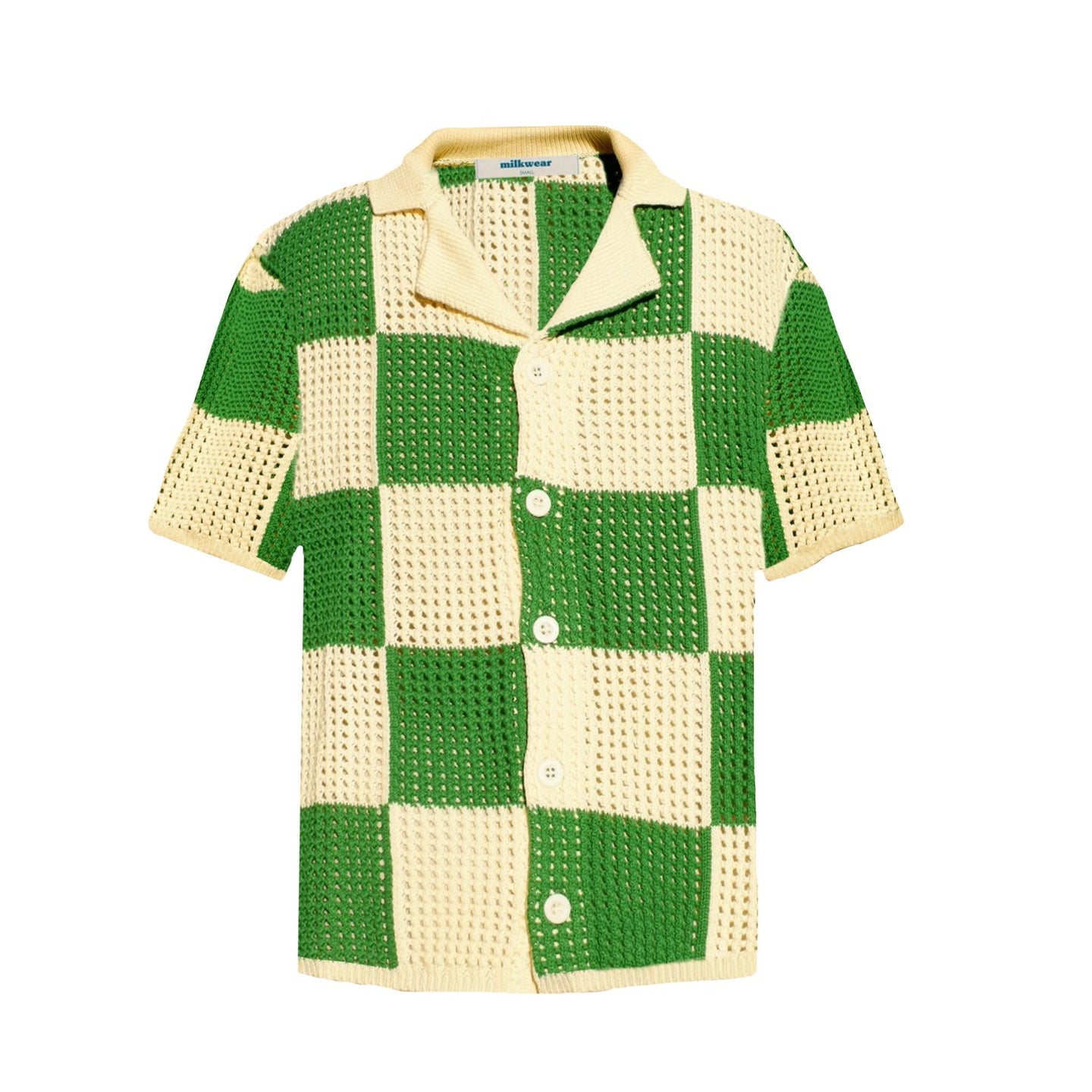 Checkered Knitted Crochet Polo Shirt in Green