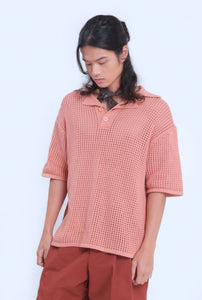Knitted Basic Crochet Polo Shirt in Nude