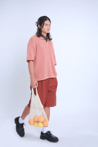 Knitted Basic Crochet Polo Shirt in Nude