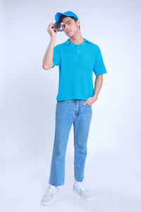 Knitted Basic Crochet Polo Shirt in Electric Blue