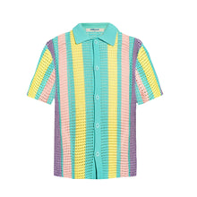 Load image into Gallery viewer, Knitted Crochet Polo Shirt in Blue-Green Multi Stripe

