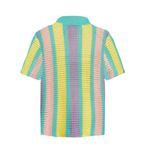 Knitted Crochet Polo Shirt in Blue-Green Multi Stripe