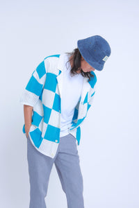 Checkered Knitted Crochet Polo Shirt in Blue