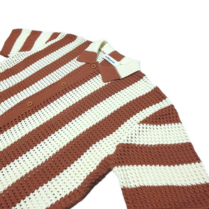 Knitted Crochet Polo Shirt in Brown Stripe