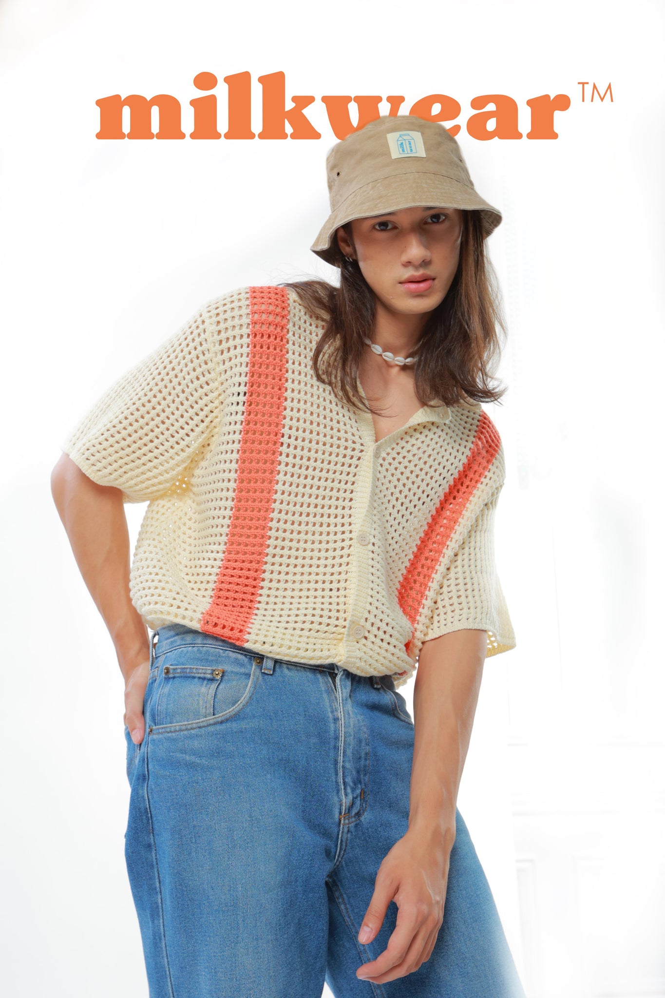 Knitted Crochet Polo Shirt in Brown Stripe MILKWEARSTORE