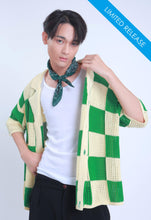 Load image into Gallery viewer, Checkered Knitted Crochet Polo Shirt in Green
