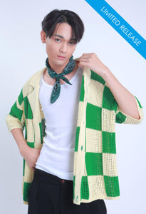 Checkered Knitted Crochet Polo Shirt in Green