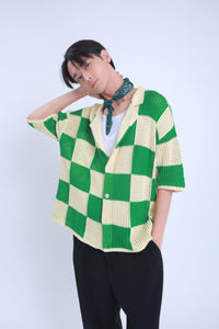Checkered Knitted Crochet Polo Shirt in Green