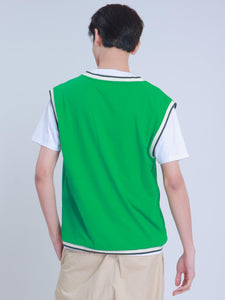 Knitted Waffle Vest with Ribbing in Green, Cream & Navy