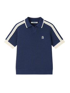 Knitted Basic Crochet Polo Shirt with Milkbox Logo in Navy Blue