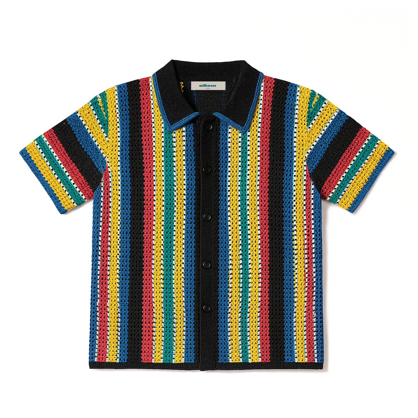 Knitted Crochet Polo Shirt in Black Multi-Stripe