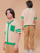 Load image into Gallery viewer, Knitted Crochet Polo Shirt in Cream with Green Pocket
