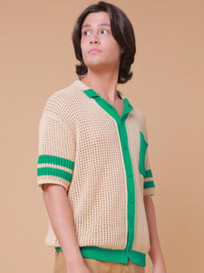 Knitted Crochet Polo Shirt in Cream with Green Pocket