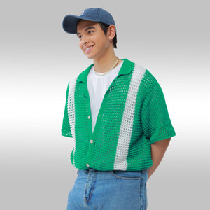 Knitted Crochet Polo Shirt in Green