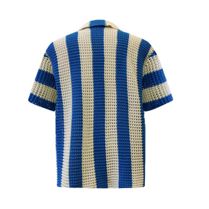 Knitted Crochet Polo Shirt in Blue Stripe