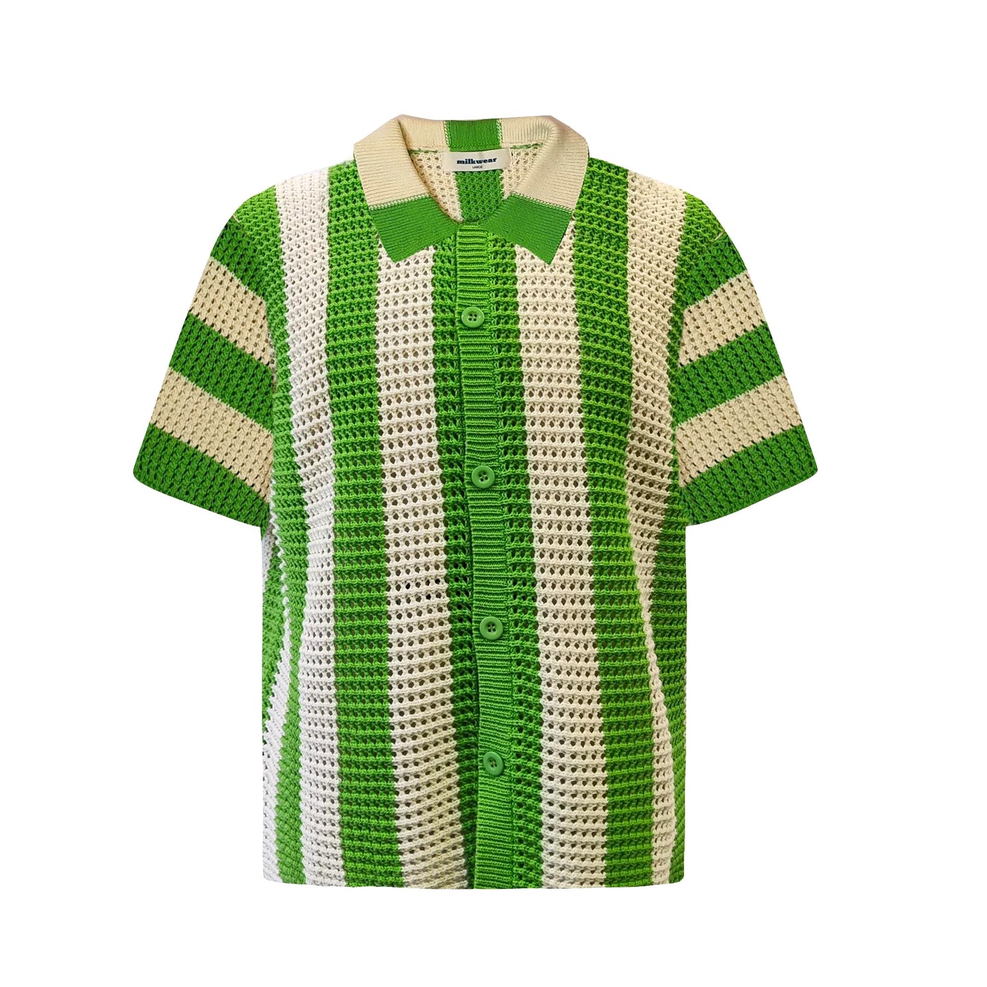 Knitted Crochet Polo Shirt in Green Stripe